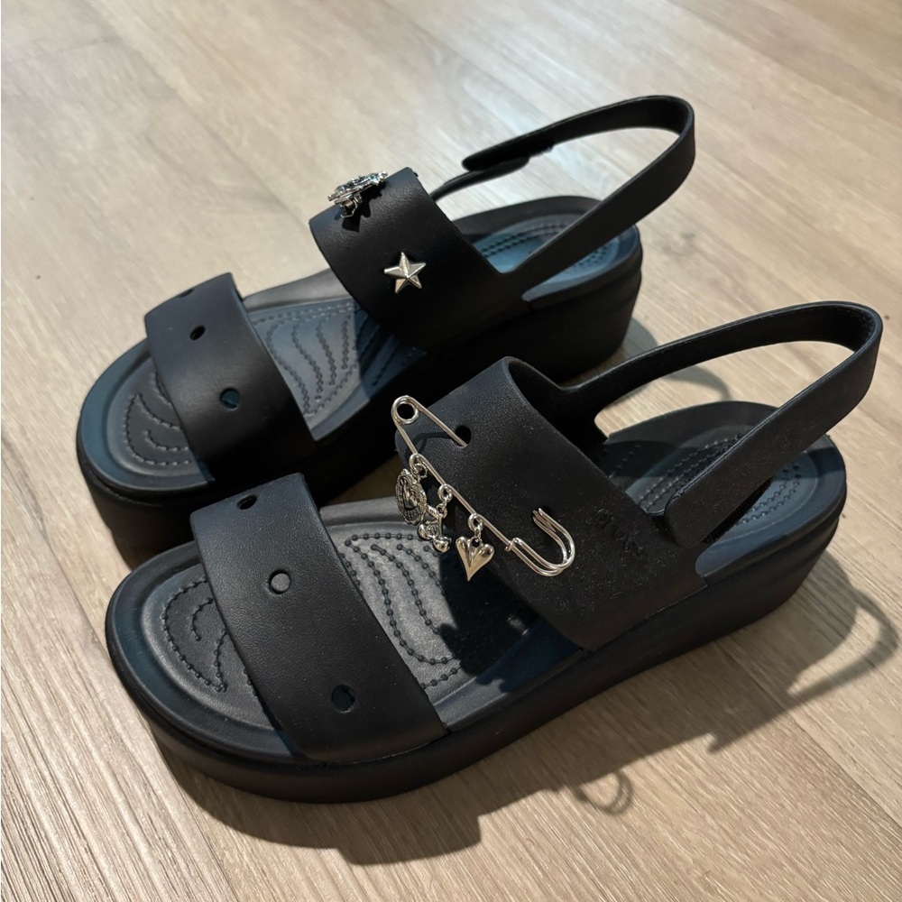 Black Platform Crocs with Silver Charms